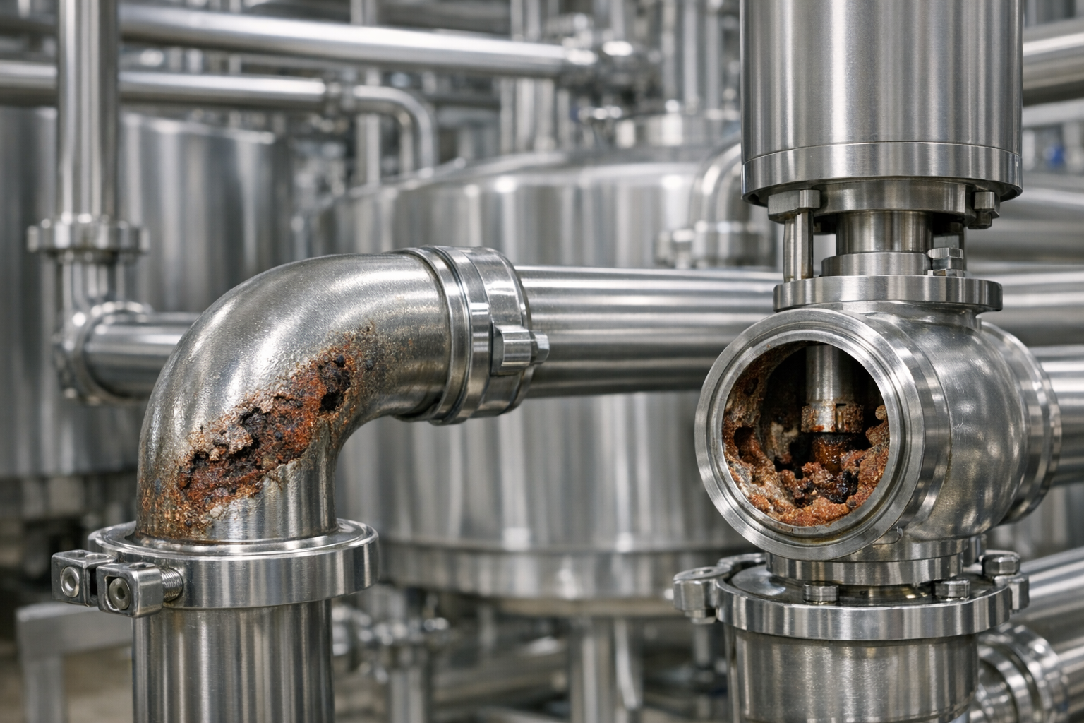 Erosión por Corrosión en Codos y Válvulas de Acero Inoxidable: Prevención en Líneas de Leche